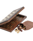 3-in-1 chess, checkers & backgammon set from Helena Wood Art showing mother-of-pearl inlays on exterior chess & checkers board and internal backgammon board with wooden discs and plastic dice in drawstring bag
