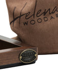 Close-up view of 3-in-1 chess, checkers & backgammon set showing Helena Wood Art branding