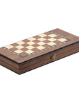 Diagonal view of 3-in-1 chess, checkers & backgammon set from Helena Wood Art showing mother-of-pearl inlays on exterior chess & checkers board and metal clasp