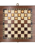 Top view of 3-in-1 chess, checkers & backgammon set from Helena Wood Art showing mother-of-pearl inlays on exterior chess & checkers board with wooden checkers discs