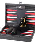Backgammon | Carbon Fibre Finish | Black & Red Inlay Points | Handmade | Side Racks | 30 x 20cm | BDE3CFR