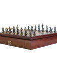 CYCLADIC ART | Solid Brass Chess Pieces | Blue & Bronze | 50mm King | Rosewood Board with Drawer| 35mm Squares