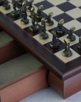 CYCLADIC ART | Solid Brass Chess Pieces | Blue & Bronze | 50mm King | Rosewood Board with Drawer| 35mm Squares