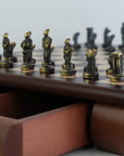 CYCLADIC ART | Solid Brass Chess Pieces | Blue & Bronze | 50mm King | Rosewood Board with Drawer| 35mm Squares
