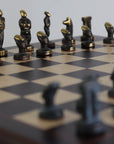 CYCLADIC ART | Solid Brass Chess Pieces | Blue & Bronze | 50mm King | Rosewood Board with Drawer| 35mm Squares