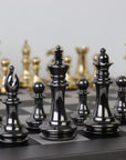 STAUNTON | Solid Brass | Black & Gold | 105mm King | Leather Board | Black & Light Grey | 55mm Squares