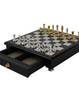 STAUNTON | Solid Brass Chess Pieces | Gold & Silver | 55mm King | Black Erable Chessboard | Drawer & Pedestals | 35mm Squares