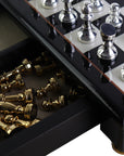 STAUNTON | Solid Brass Chess Pieces | Gold & Silver | 55mm King | Black Erable Chessboard | Drawer & Pedestals | 35mm Squares