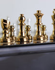 STAUNTON | Solid Brass Chess Pieces | Gold & Silver | 55mm King | Black Erable Chessboard | Drawer & Pedestals | 35mm Squares
