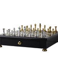 STAUNTON | Solid Brass Chess Pieces | Gold & Silver | 55mm King | Black Erable Chessboard | Drawer & Pedestals | 35mm Squares