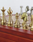 STAUNTON | Solid Brass | Gold & Silver | 70mm King | Walnut and Maple Board | Storage Box | 37mm Squares