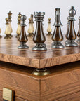Wooden Chess Set In Box | Walnut Burl & Oak | 50cm Board | Brass & Pewter with Delicate Pearl Elements | 10cm King | SW60A50J