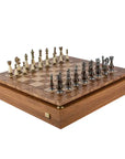 Wooden Chess Set In Box | Walnut Burl & Oak | 50cm Board | Brass & Pewter with Delicate Pearl Elements | 10cm King | SW60A50J