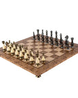 Wooden Chess Set In Box | Walnut Burl & Oak | 50cm Board | Brass & Pewter with Delicate Pearl Elements | 10cm King | SW60A50J