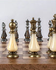 Wooden Chess Set In Box | Walnut Burl & Oak | 50cm Board | Brass & Pewter with Delicate Pearl Elements | 10cm King | SW60A50J