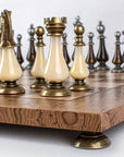Wooden Chess Set In Box | Walnut Burl & Oak | 50cm Board | Brass & Pewter with Delicate Pearl Elements | 10cm King | SW60A50J