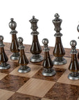 Wooden Chess Set In Box | Walnut Burl & Oak | 50cm Board | Brass & Pewter with Delicate Pearl Elements | 10cm King | SW60A50J