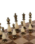 Wooden Chess Set In Box | Walnut Burl & Oak | 50cm Board | Brass & Pewter with Delicate Pearl Elements | 10cm King | SW60A50J
