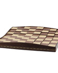 Side front view of solid beech wood 3D Chess Board with walnut and mother of pearl inlays with pyramid-style design and 50mm squares.