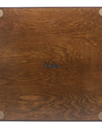 Underside of solid beech wood 3D Chess Board with walnut and mother of pearl inlays with pyramid-style design and 50mm squares showing Helena Wood Art Logo