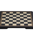 Front angle of 50cm Beech Chess Board handcrafted in Turkey with black stained wood and mother-of-pearl inlay with 50mm squares