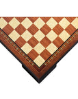 Top corner view of 42cm Beech Chess Board handcrafted in Turkey with rosewood and mother-of-pearl inlay with 42mm squares.