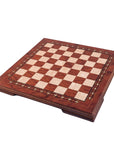 49cm Beech Chess Board handcrafted in Turkey with rosewood and mother-of-pearl inlay with 50mm squares. Angled top view