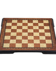 Angled front top view of Top view of 50cm Beech Chess Board handcrafted in Turkey with rosewood and mother-of-pearl inlay with 50mm squares.
