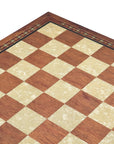 Close-up of Top view of 50cm Beech Chess Board handcrafted in Turkey with rosewood and mother-of-pearl inlay with 50mm squares.