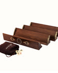 Luxury wooden Rummikub set with 4 straight solid beech racks, geometric mosaic inlay detail and melamine tiles in faux leather carry bag