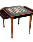 Side top overview of Black Chess Table with Drawers featuring Mother of Pearl inlaid design and robust walnut legs, unique craftsmanship showing both drawers open