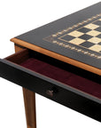 Close-up side top overview of Black Chess Table with Drawers featuring Mother of Pearl inlaid design and robust walnut legs, showing one drawer open and chess board playing surface