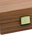 CMahjong tile set stored inside elegant walnut wooden case with close-up of secure closure