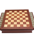 Maple mahogany chess board with drawers 45mm squares with both drawers open showing compartments for piece storage