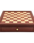 Front top view of maple mahogany chess board with drawers 45mm squares