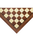 Angled top view of 50cm walnut square edge chess board handcrafted in Turkey with mother-of-pearl inlay with 50mm squares.