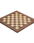 Diagonal view of 50cm walnut square edge chess board handcrafted in Turkey with mother-of-pearl inlay with 50mm squares.