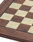 Close up of 50cm walnut square edge chess board handcrafted in Turkey with mother-of-pearl inlay with 50mm squares.