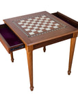 Side top overview of Walnut Chess Table with Drawers featuring Mother of Pearl inlaid design and robust walnut legs, unique craftsmanship showing both drawers open