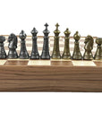Wooden Chess Set In Box | Walnut | 5cm Squares | Vintage Style Gold & Silver Metal Pieces | 8.8cm King | SKW33Z50K