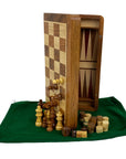3-in-1 FOLDING TRAVEL SET | Acacia & Boxwood | Chess, Checkers & Backgammon | 30cm | 12"