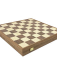 Wooden Chess Set In Box | Walnut | 5cm Squares | Vintage Style Gold & Silver Metal Pieces | 8.8cm King | SKW33Z50K