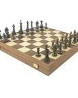 Wooden Chess Set In Box | Walnut | 5cm Squares | Vintage Style Gold & Silver Metal Pieces | 8.8cm King | SKW33Z50K