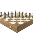Wooden Chess Set In Box | Walnut | 5cm Squares | Vintage Style Gold & Silver Metal Pieces | 8.8cm King | SKW33Z50K