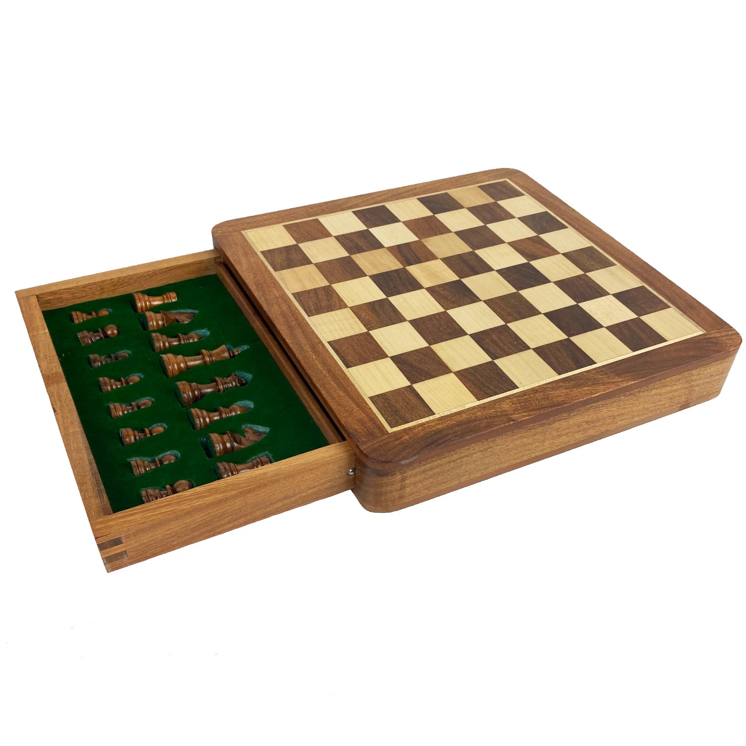 Squared magnetic chess set in natural wood - with drawer