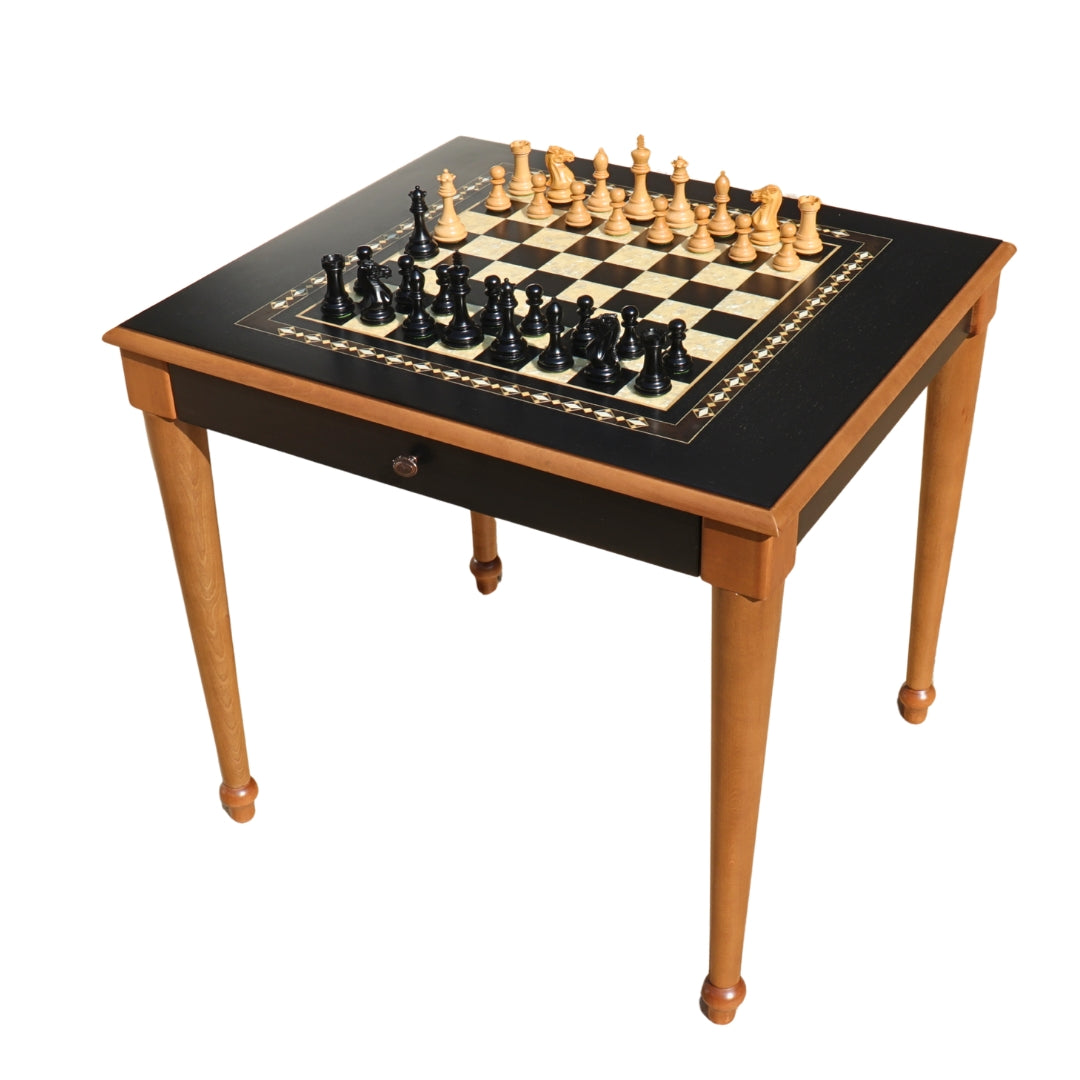 CHAMFERED BASE Chess Set | Black &amp; Mother of Pearl Table | 55mm Squares