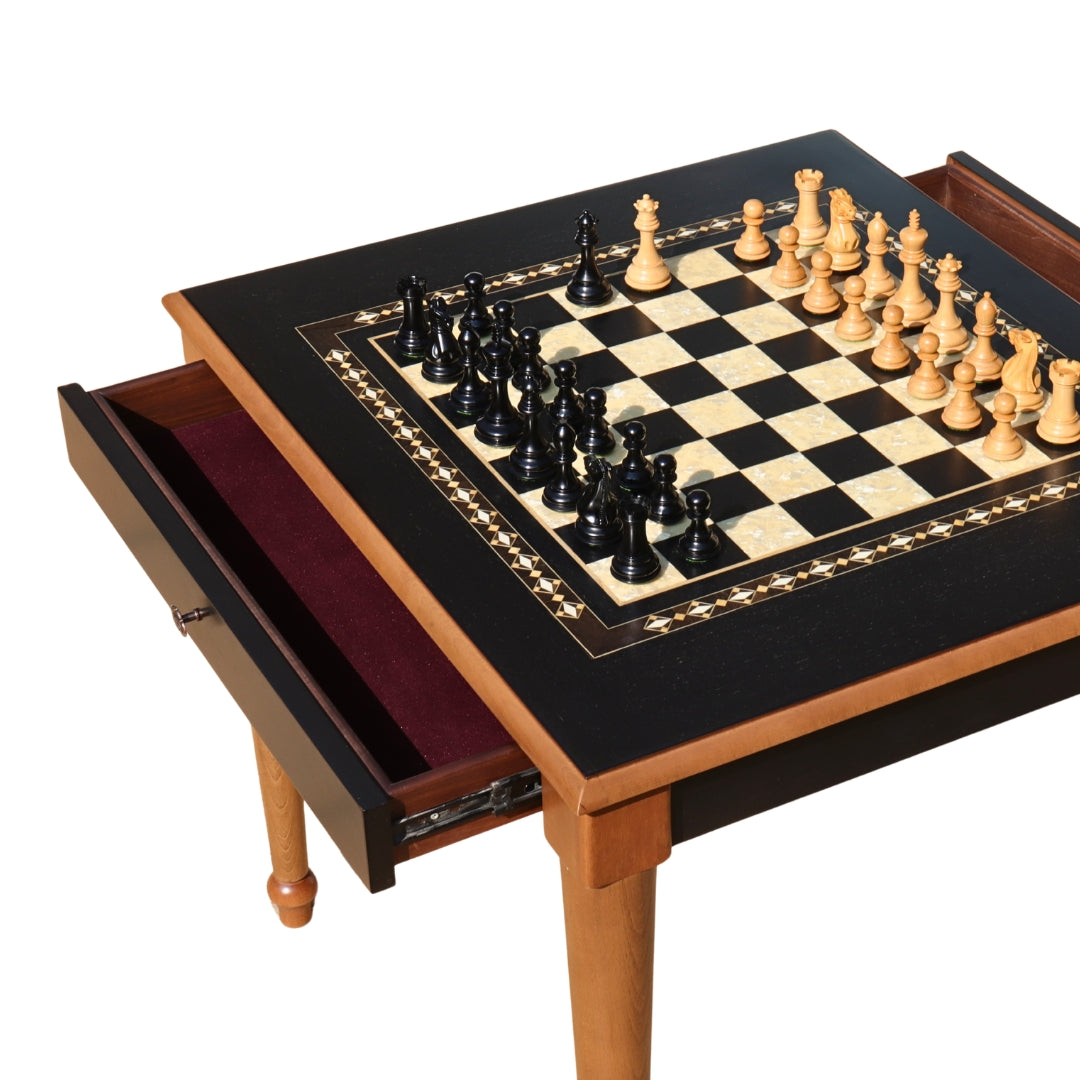 CHAMFERED BASE Chess Set | Black &amp; Mother of Pearl Table | 55mm Squares