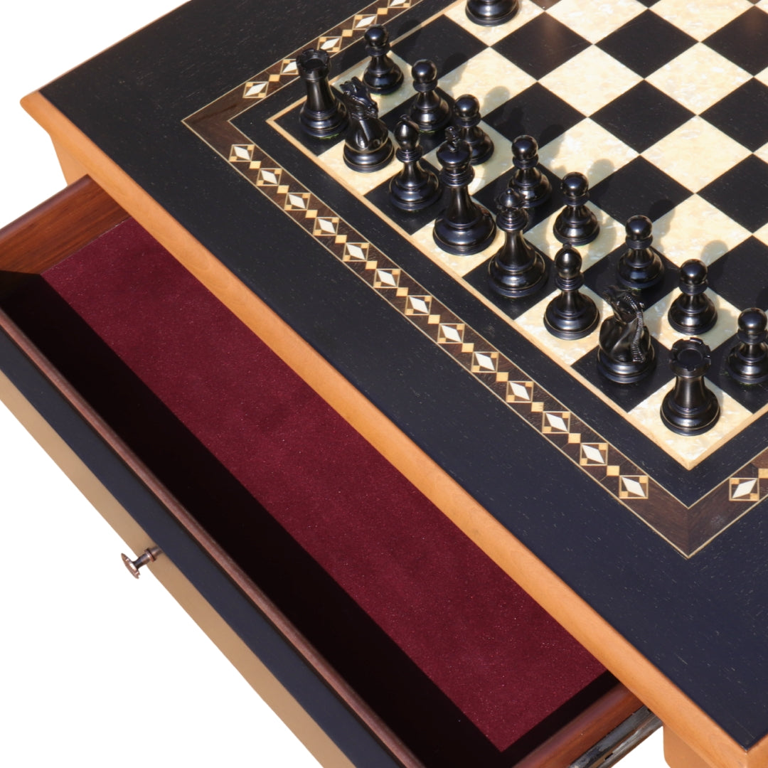 CHAMFERED BASE Chess Set | Black &amp; Mother of Pearl Table | 55mm Squares