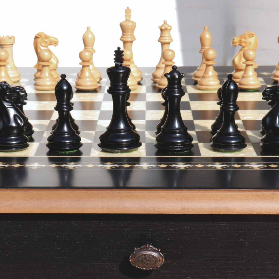 CHAMFERED BASE Chess Set | Black &amp; Mother of Pearl Table | 55mm Squares