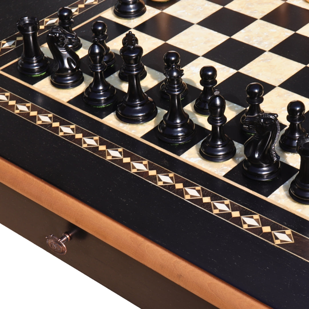 CHAMFERED BASE Chess Set | Black &amp; Mother of Pearl Table | 55mm Squares